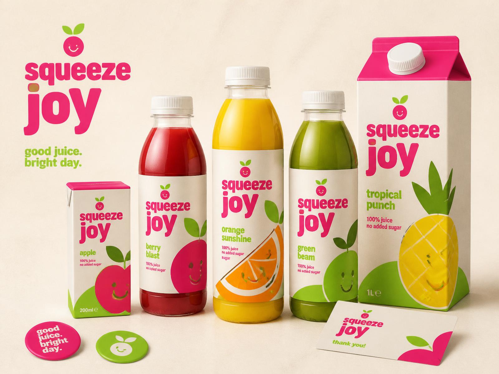 Joocy Juice bottles and cartons with playful packaging design