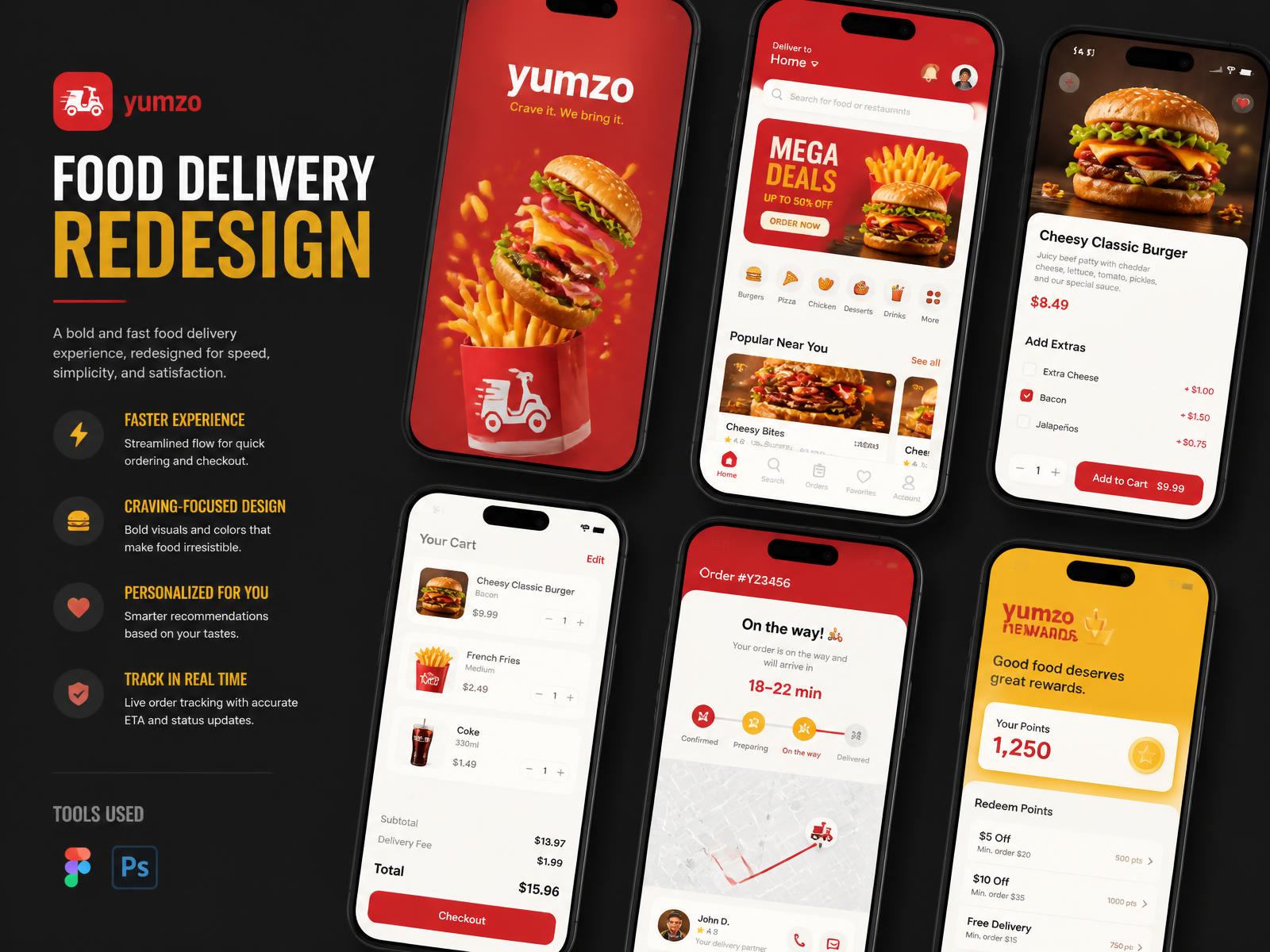 Food delivery app redesign screens on a dark workspace