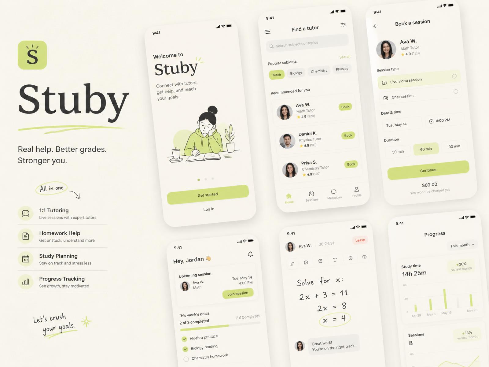 Stuby tutoring app screens on a pale paper background
